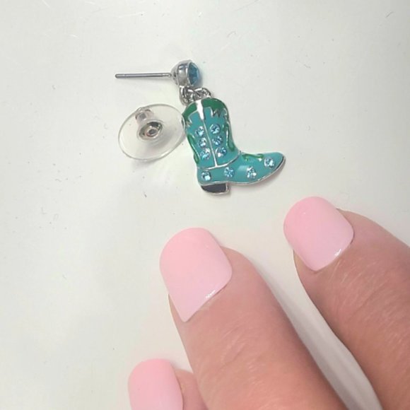 Turquoise Boot Earrings -Western Charm Meets Rhinestone Shine - Picture 3 of 9